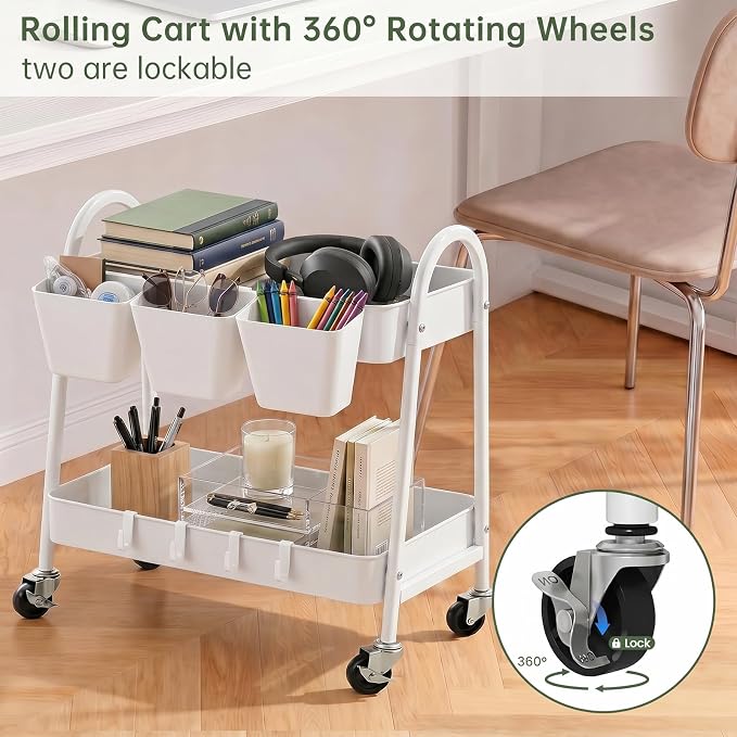 danpinera 2-Tier Rolling Cart, Utility Cart Mobile Metal Rolling Storage Cart with Lockable Wheels & Hanging Cups & Hooks for Kitchen, Bathroom, Office, Workshop, Purple