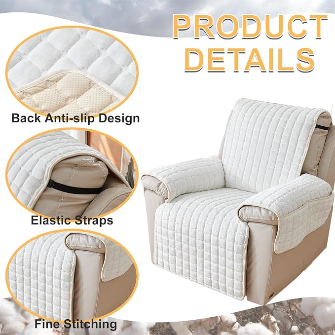 Polyester Flannel Recliner Cover, Non-Slip with 2 Side Pockets | Soft short-pile polyester with silicone backing guards armrests from pet scratches; thick one-piece cover, machine washable.
