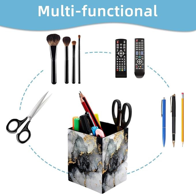 Marble Texture Pen Holder for Desk Decor, Rectangular PVC Leather Pencil Cup for Desk Pen Organizer, Makeup Brush Holder for School, Home, Office