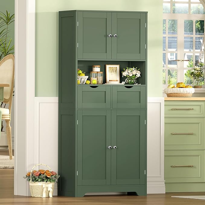 TEENFON 57.8" H Tall Bathroom Storage Cabinet with 2 Drawers & 2 Adjustable Shelves, Floor Cabinet with 4 Doors, Tall Cabinet for Living Room, Dining Room, Entryway, Forest Green