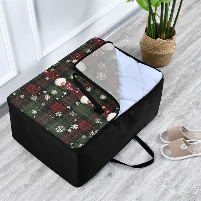 Comforter Storage Bags Large Folding Blanket Organizer Bag with Strong Handles Clear Window Closet Storage Containers for Clothes King Queen Pillows Bedding Quilt Duvet Christmas Gingham Gnome