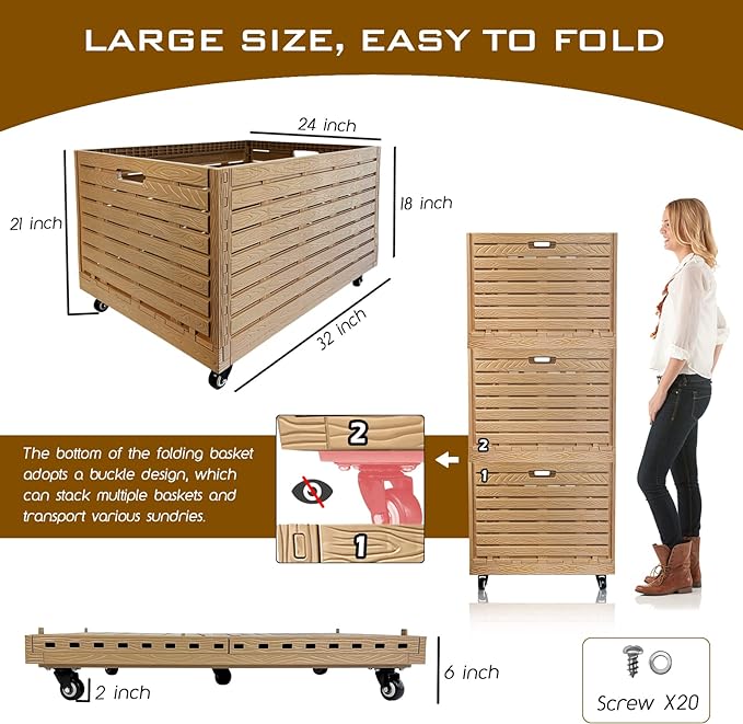 Collapsible Rolling Crate on Wheels, 440lbs Capacity Foldable Storage Bins Heavy Duty Plastic Furniture Moving Dolly Cart for Travel Shopping Luggage Office Use with Removable 360° Rotation Wheels