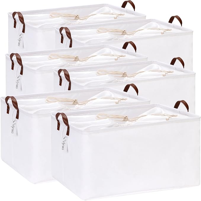 Hinwo 70L Extra Large Canvas Storage Bin with Lid and Handles, 6-Pack | Collapsible Fabric Baskets, Closet Shelf Organizers, Containers for Clothing, Blankets, Toys, Bedding (White)