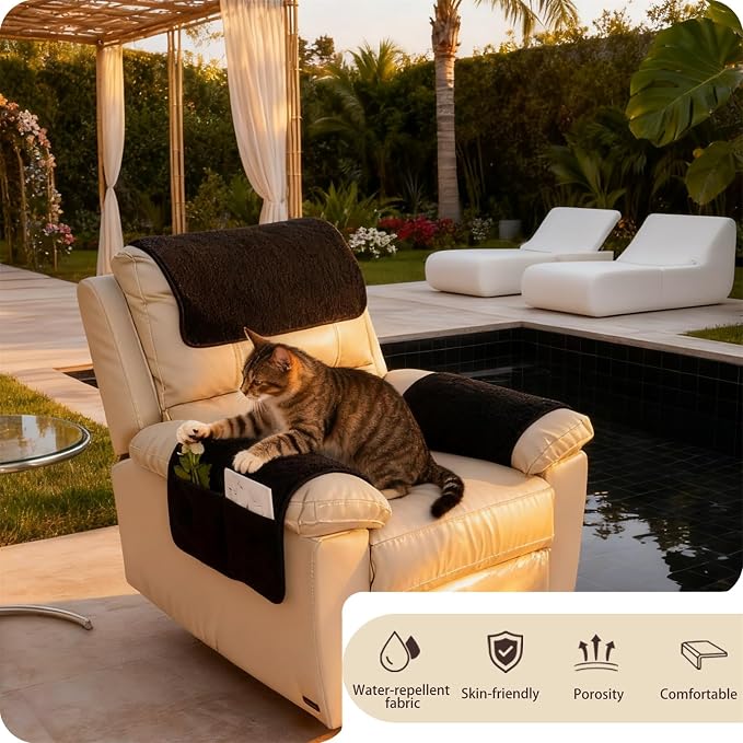 Sherpa Fleece Armrest and Headrest Covers with 2 Pockets | Soft fleece with nonslip silicone backing helps protect leather and fabric furniture from pet scratches machine washable