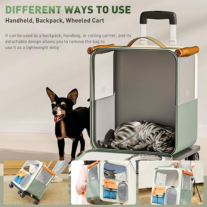 Cat Carrier with Wheels, Folding Rolling Pets Carrier on Wheel Soft Pet Handbag Cats Backpack, Dog Carriers up to 23 LBs Removable Cat Bag for Small Dogs Medium Cats Outing(NOT for TSA)