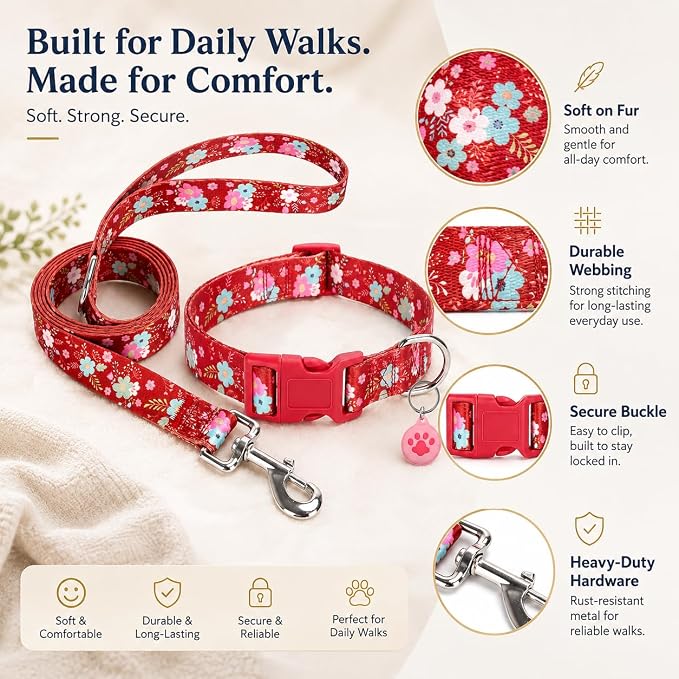Floral Matching Dog Collar and Leash Set with AirTag Holder-Red Daisy/L | Anti-Lost,Adjustable Durable Pet Collar Leash Combo for Large Boy Girl Dogs,for Outdoor Walking Hiking Training Running