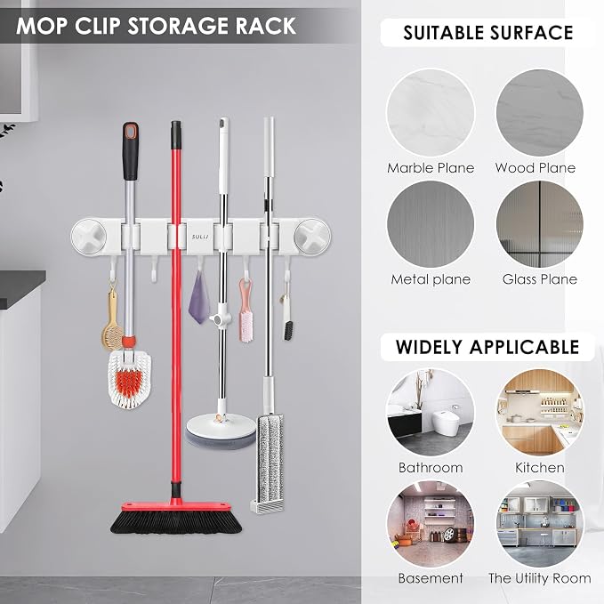 Broom Holder Wall Mount Sturdy Mop and Broom Organizer with 4 Racks and 5 Hooks Vacuum Suction Cup Broom Mop Holder for Home, kitchen, Garden, Tools, Garage