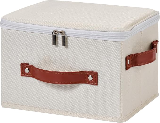 Storage Bin Box with Zippered Lid Decorative Collapsible Basket | Cotton Linen Fabric, Washable Foldable Stackable Clothes Container, Closet Shelf Organizer w/ PU Leather Handles, Beige-Small