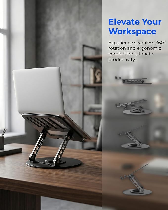 Compatible 360° Rotating Adjustable Laptop Stand, Fully Foldable Dual Rotary Shaft Laptop Riser Portable Standing Desk, Fits MacBook & All 10-15 Inch Laptops - Black