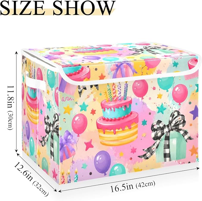 Birthday Cake Fabric Storage Bins with Lid Closet Storage Basket | Foldable & Stackable, Flip Top Dust Guard, Reinforced Handles, Home & Bedroom, Clothes & Toys, Oxford Print Basket