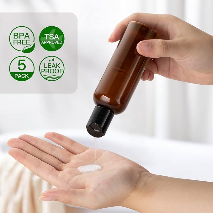 Travel Bottles for Toiletries, 3.4 oz Travel Size Containers, 5pcs, Amber | Squeezable empty plastic bottles, TSA approved, leak proof, with labels, for liquids & shampoo lotion, gym essentials