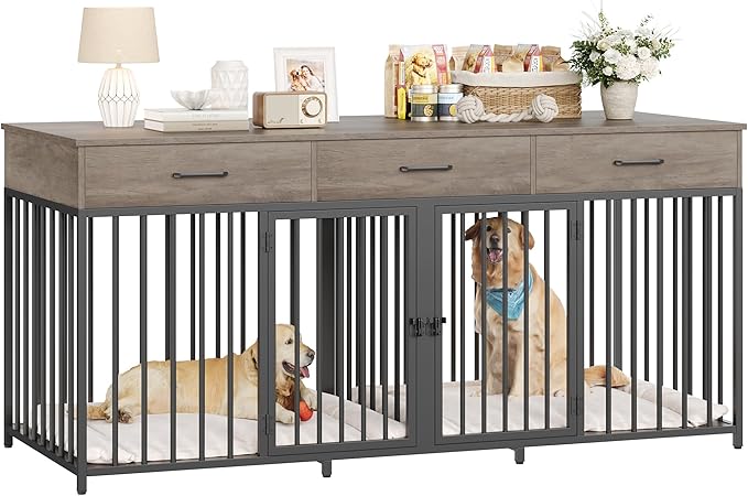HOSTACK Double Dog Crate, 71" W Indoor Dog Kennel Furniture for 2 Dog, Grey | 3 Drawers for Easy Storage Heavy-Duty Cage, Removable Divider, Slide Bolt Latch, Modern Farmhouse Pet House for XL/XXL Dogs
