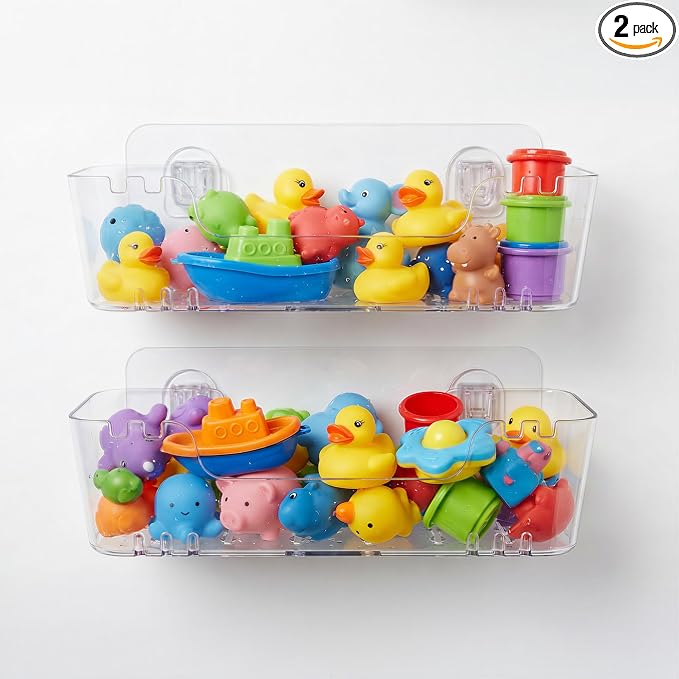 Bathtub Toy Storage, 2 Pack Clear, No-Drill Clear Bath Toy Holder | 4 Adhesive Backplates Included, BPA-Free PET, Fast-Drain Design, Wall-Mounted Detachable, 12 lbs Load Capacity Each