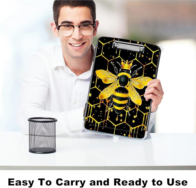 Bee Black Background A4 Clipboard with Storage Pen Holder, Clipboards Organizer Nursing Clipboard Foldable File Folder Plastic Clipboard Folio Clip Board for Office Students Classroom