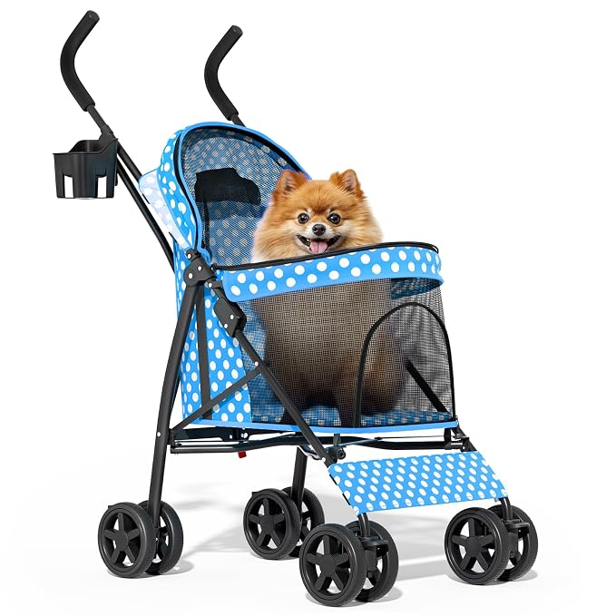 MoNiBloom Pet Stroller for Small/Medium Dogs and Cats, Sky Blue Polka Dots | Foladble 4 Wheels Easy-Fold Puppy Cage Jogger Stroller with Sun Cover, Pad and Rear Storage Bag, Breathable and Visible Mesh