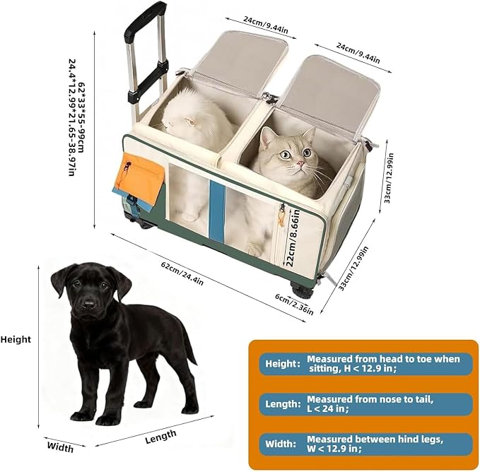 Large Cat Carrier with Wheels for 2 Cat, Double Rolling Pets Carrier on Wheel, Foldable Soft-Sided Carriers with Telescopic Handle, for Small Dogs Travel Bag for Outdoor Hiking Camping