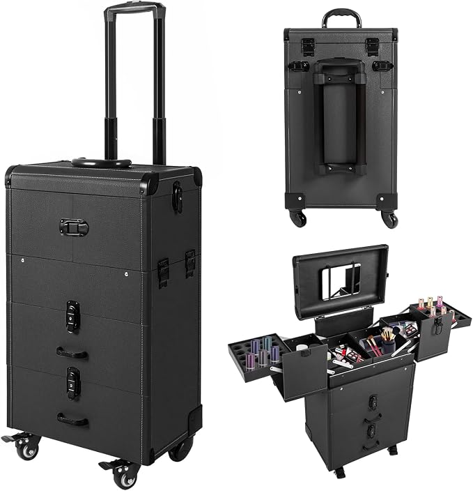 Large Rolling Makeup Case w/Mirror for Professionals,14.57 * 9.45 * 25.98in Rolling Makeup Train Case ,4 Trays & 2 Drawers,Lockable Cosmetic Organizer for Salon,Home, loading 110.23 lbs (black#2)