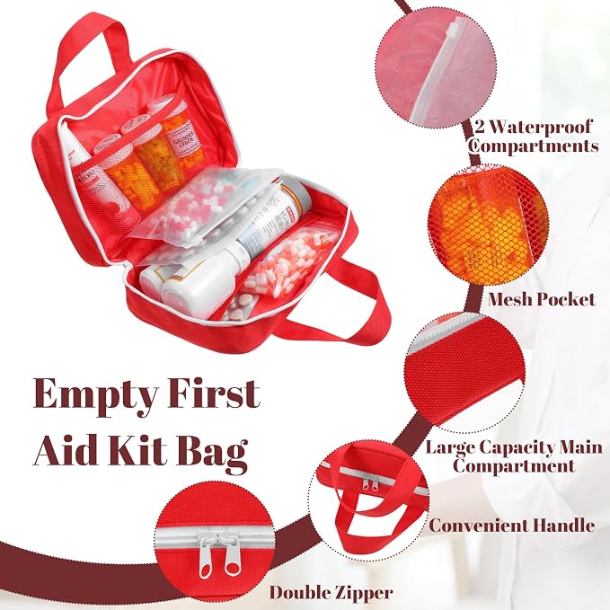 6 Pack First Aid Kit Bag Empty, Red Oxford Fabric Emergency Medical Pouch Trauma Storage Organizer for Car, Travel, Camping, Home, Office, Workshop & Outdoor Activities