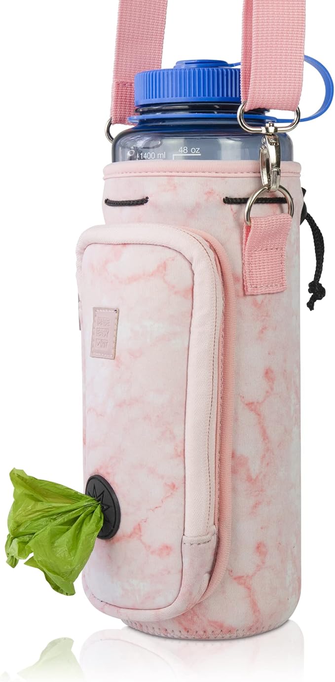 Made Easy Kit Water Bottle Carrier with Pocket for Dog Poop Waste Bags and Adjustable Padded Shoulder Strap (Tall & Large (40oz) with Bowl, Pink, Marble)