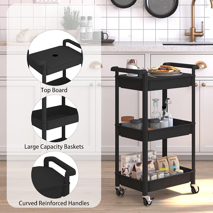 Steehoom 3-Tier Utility Rolling Cart with Cover Top Board, Mobile Utility Cart with Lockable Casters Multi-Functional Storage Trolley for Office, Bathroom, Kitchen, Garden, Laundry Room (Black)