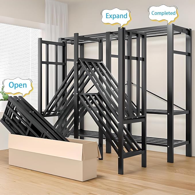 59in Heavy Duty Portable Closet with Black Cover | Foldable Covered Clothes Rack for Hanging Armoire Wardrobe Closet System Freestanding Coat Storage Garment Racks