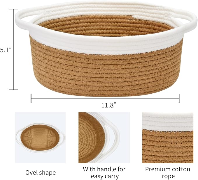 ABenkle Small Basket with Handles, Boho Decorative Rope Woven Dog Cat Toy Storage Bin Shelf Storage Organizer, Easter Christmas Gift Basket, 12"x8"x5", Brown