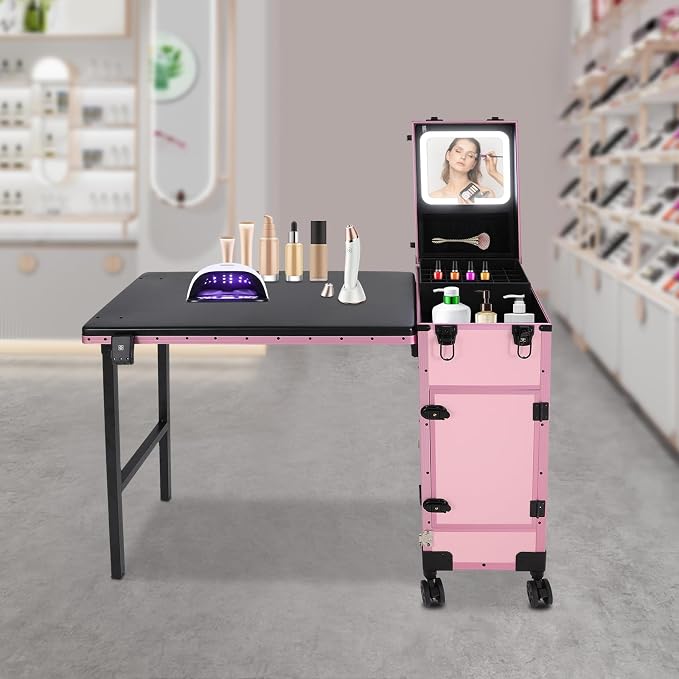 Portable Rolling Travel Nail Desk, Foldable Nail Tables Travel Cosmetic Trolley Storage Organizer with LED Mirror & 3 Drawers for air Stylists Pet Groomers Makeup Artists Salon (Pink Black)