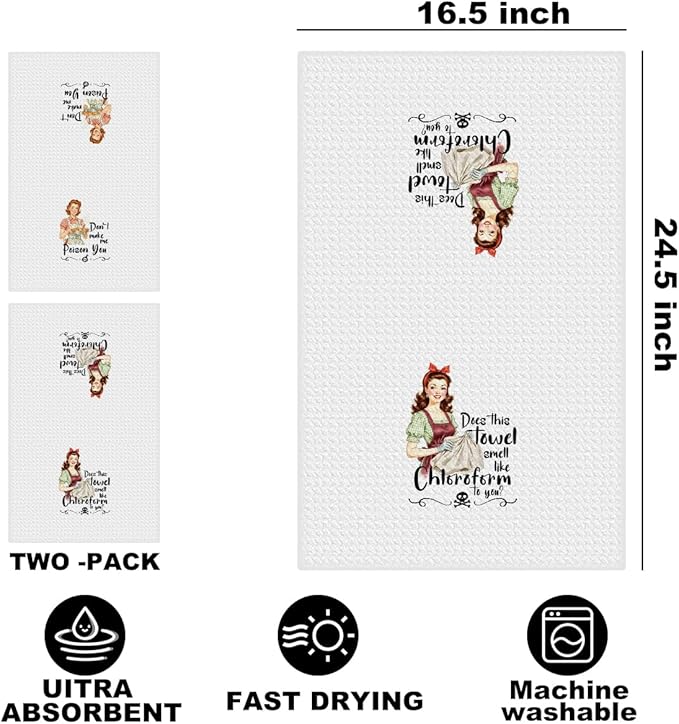 2 Pcs Funny Kitchen Towels 24x14 Inch, Housewife Reusable Microfiber Dish Cloth Hand Towel, Waffle Weave Tea Towels for Bathroom kitchen Farmhouse Decor, Hostess Gifts for Women Mom Friend