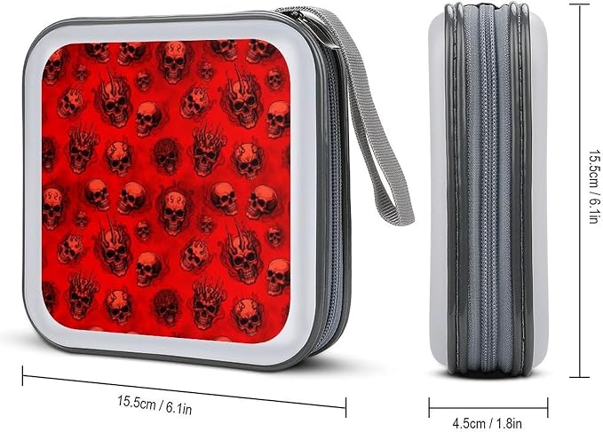 40 Capacity CD Case Red Horror Skull Protective DVD Holder Wallet | Red Horror Skull Disc Storage Organizer Binder, Hand Strap, Zipper Closure for Home Car