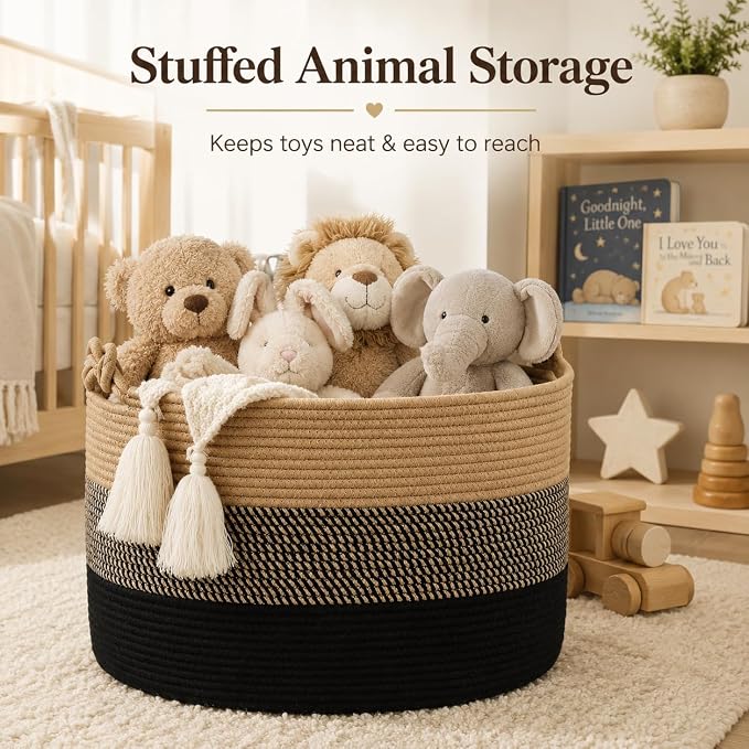 KAKAMAY Large Blanket Basket (20"x13"),Woven Rope Baskets for storage Baby Laundry Hamper, Cotton Rope Blanket Basket for Living Room, Laundry, Nursery, Pillows,Baby Toy chest (Jute/Black)