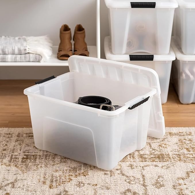IRIS USA 4-Pack 40 Quart Storage Bins with Lids, Pearl | Conceals contents for a clean look. Perfect for moving, blankets, clothing, and garage storage. Nestable design saves space