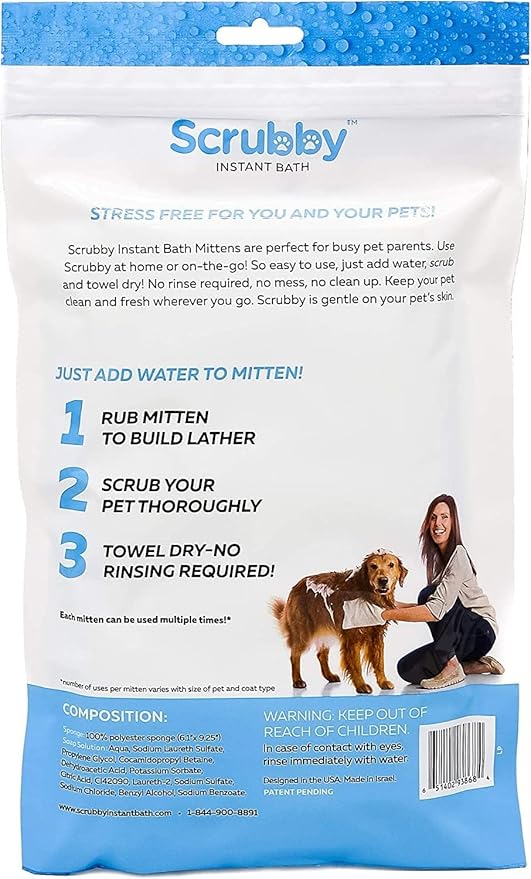 Scrubby Pet No Rinse Wipes | Rinse Free Shampoo Mittens | Dogs & Cats | Bath Wipes | Bathing & Washing Pets, Hypoallergenic | No Rinse Wash Mitt | Grooming, Lather Wipe Dry - Pack of 20