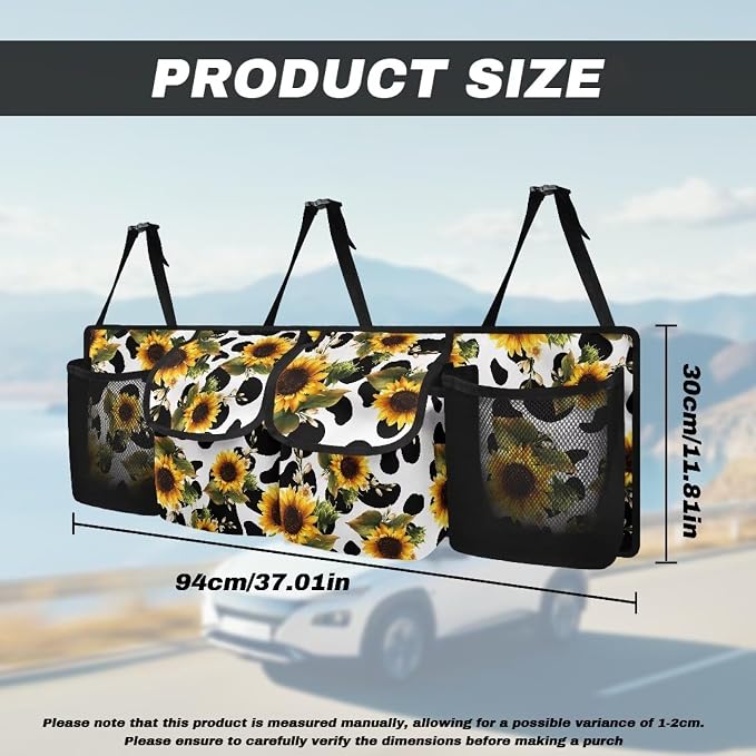 Dreaweet Sunflower Cow Print Trunk Organizer for Car Women Collapsible Car Trunk Backseat Organizer Large SUV Hanging Storage Bag with Pockets Cute Car Storage Accessories Interior