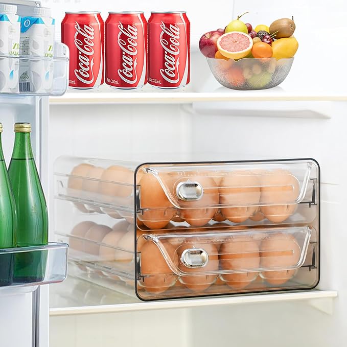2 Tier Egg Holder for Refrigerator, 40 Eggs Clear Drawer Organizer | Clear Stackable Holder Tray with Drawer for Fridge, Storage Container with Handles for Refrigerator, Countertop, Kitchen