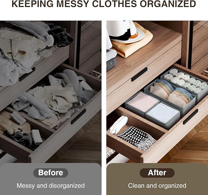DIMJ Drawer Organizers Clothes, Set of 4 Dresser Organizer Bins, Fabric Closet Organizers and Storage, Shallow Drawer Dividers for Nursery, Clothing, Baby Clothes, Socks, Underwears, Tie (Grey)