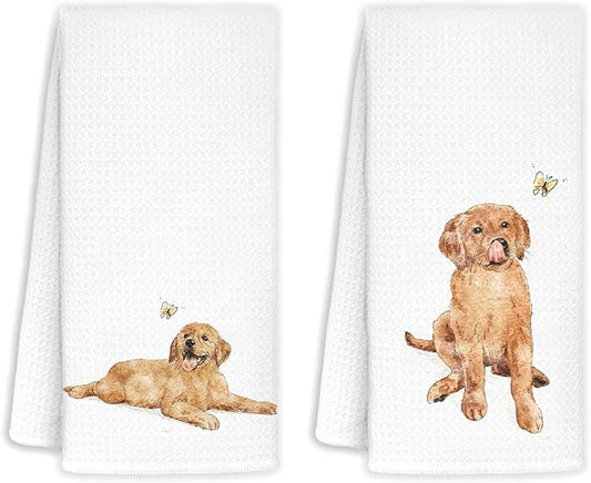 Jvpke Golden Retriever Kitchen Dish Towels - Set of 2, Cute Dog Hand Towels for Bathroom, 16x24 Inches