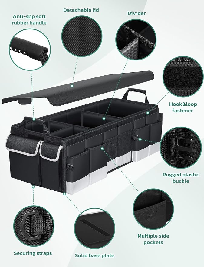 Oasser Trunk Organizer 95L with 20L Removable Cooler Bag for SUV | 4 Compartments, 9 Side Pockets, Foldable Lid, No Deformation, 1680D, Non Slip Bottom, 2 Adjustable Straps, Reflective Strip