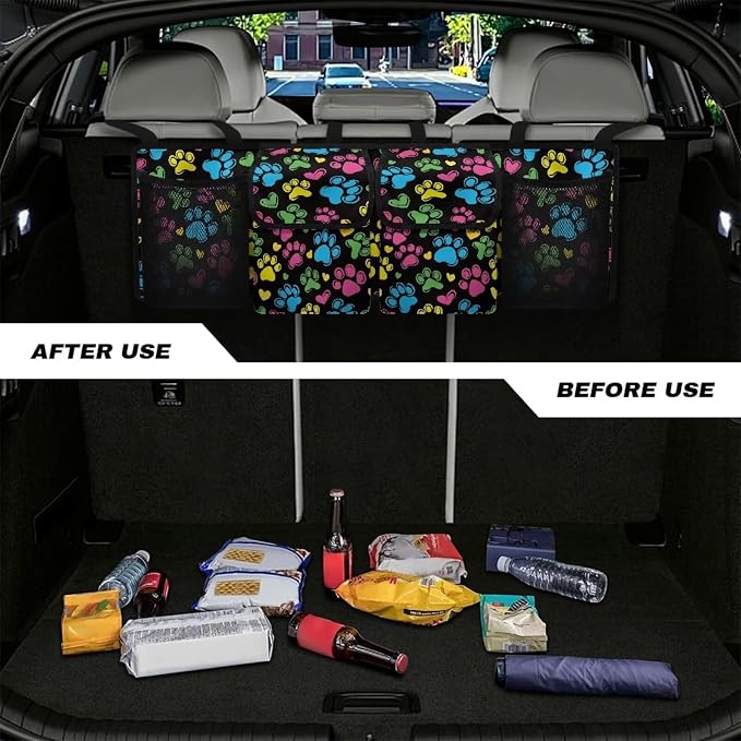 Dreaweet Colorful Dog Paw Print Car Trunk Organizer Backseat Hanging Large Storage with Adjustable Straps Car Cargo Trunk Storage Organizer Bag for Truck,SUV,Van