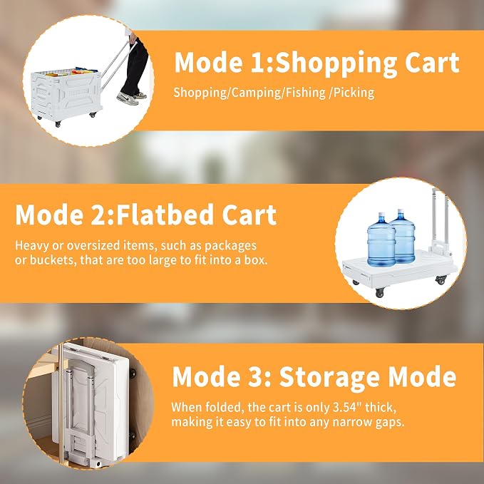 VECELO 88LHeavy-Duty 2-in-1 Foldable Utility Cart, Large Capacity Rolling Crate, Thickened Material with Silent Swivel Wheels, Dual Modes (Basket/Flatbed) for Grocery, Laundry, Camping, White