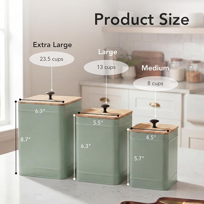 PERFNIQUE Kitchen Canisters for Countertop Set of 3, Airtight Canisters Sets for Kitchen Counter with Lid, Metal Farmhouse Food Storage Containers Jars for Flour Sugar Coffee Tea Spice (Sage Green)