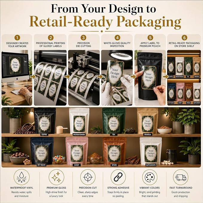Custom Pouch Labels - Personalized Waterproof Vinyl Stickers for Pouches | Coffee Bags, Food Packaging, Tea, Protein Powder, Pet Treats, Glossy Custom Product Labels