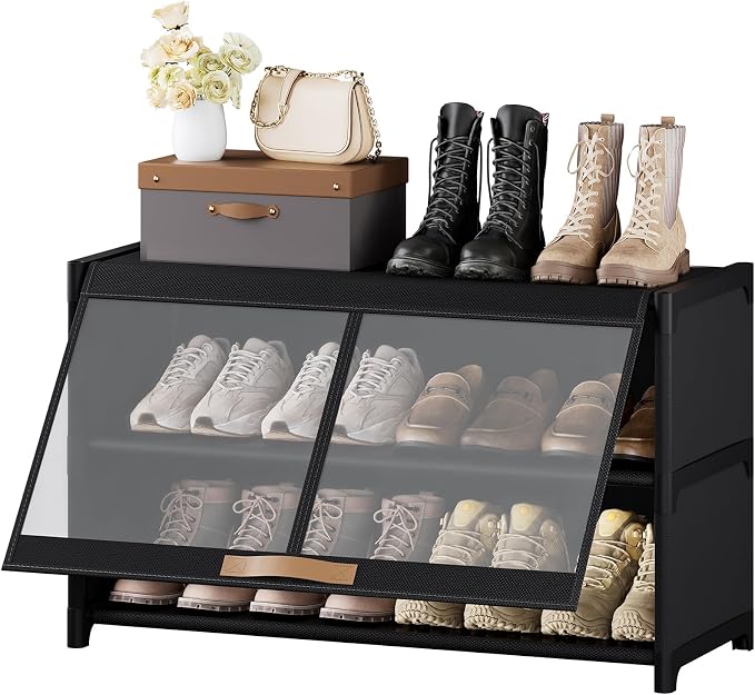 3 Tier Shoe Cabinet with Doors, 12-Pair Storage, Black | Compact Fits Entryway, Transparent Door for Quick View, Holds Sneakers, Heels, Flats, Wipe-Clean Waterproof