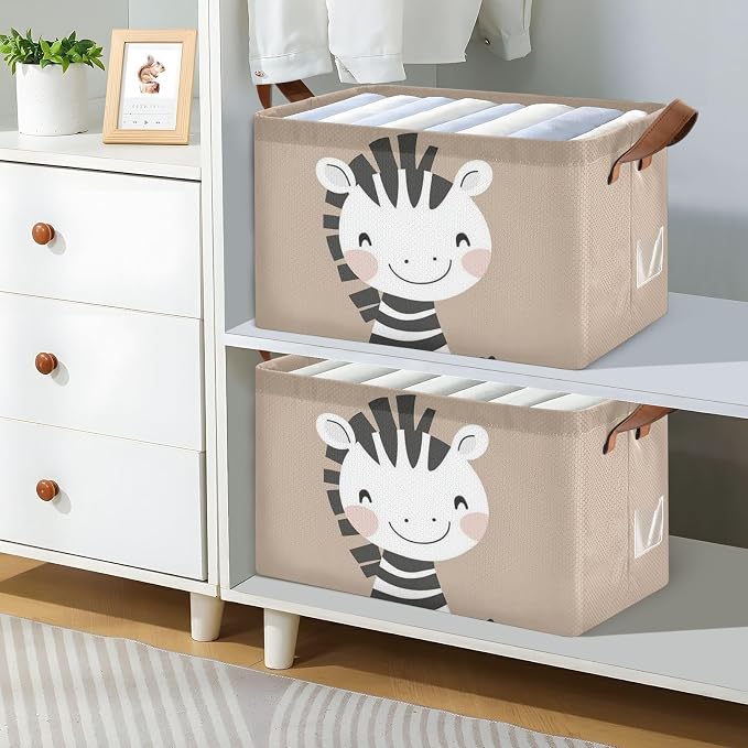 Cute Happy Zebra Brown Animal Storage Basket for Baby with Handles&Label Rectangular Waterproof Nursery Storage Bins Collapsible Organizer Baskets for Kids Cloth Gift Toys Laundry Shelf, 2 PC