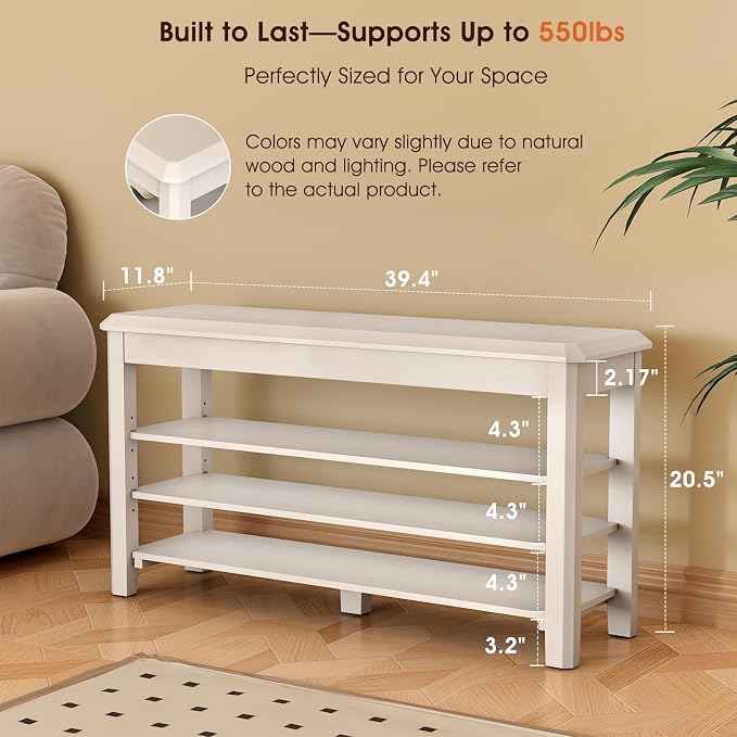 IUNVR Shoe Rack Bench Seat Rubberwood 3-Tier Wooden Storage Bench 550lbs Compact Mid-Century Modern Design for Entryway, Hallway, Closet, Front Door Entrance, Foyer