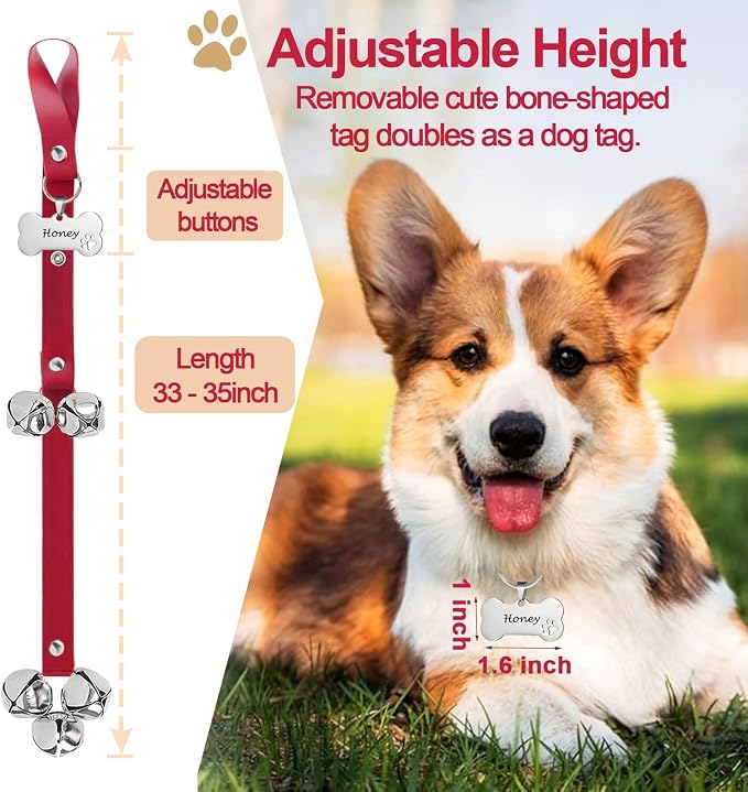 Leather Dog Bells, Puppy Potty Training Bell Dog Doorbell Potty Train Dog Bell for Potty Training Door Bells for Dogs to Ring to Go Outside Jingle Bells (Leather Red, Bone 1 PCS)