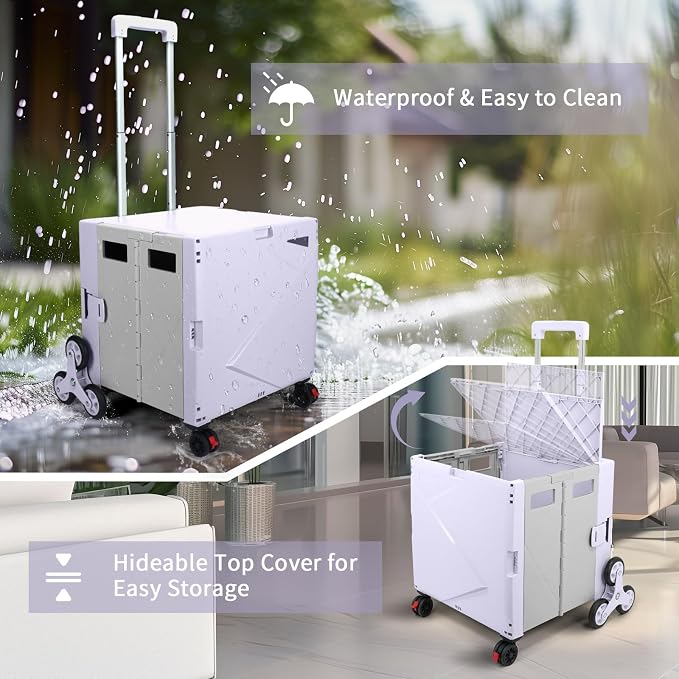 76L Folding Utility Cart Portable Rolling Crate Handcart Shopping Collapsible Tool Box with Stair Climbing Wheels,Hidden Lid,2 Rotate Wheels,for Grocery,Shopping,Office,Storage(Purple)