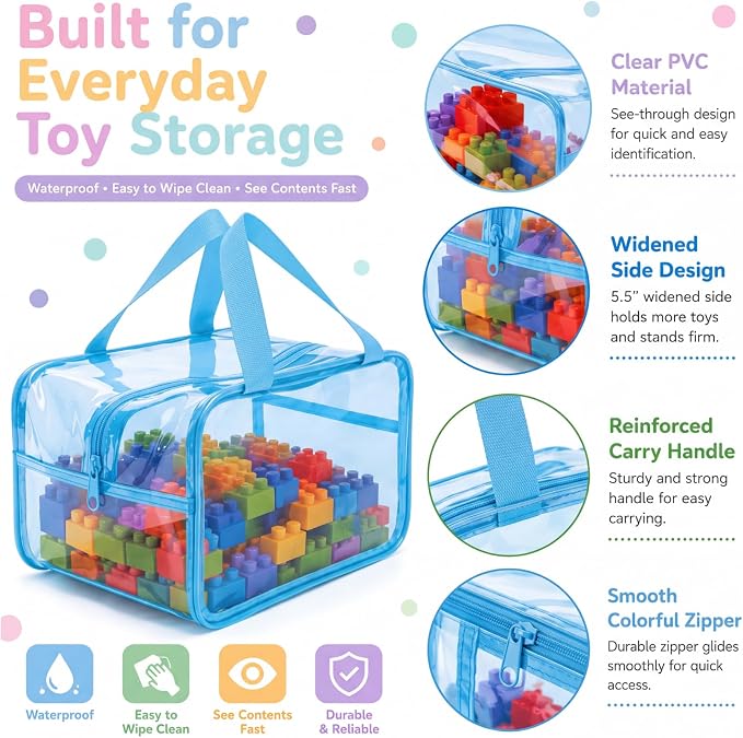 Shinylin 6 Pack Pastel Large Toy Storage Bags with Zipper 9.8 x 5.9 x 7.1 Inch Reusable Waterproof PVC Board Game Storage Bags with Labels for Puzzles Building Blocks Book Stationery