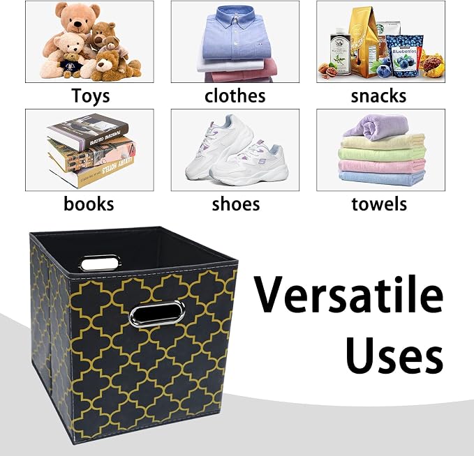 Black Foldable Storage Cubes Bins , Fabric Storage Box Cubes Organizer Baskets with Dual Handles for Home Organizer Grey Gold