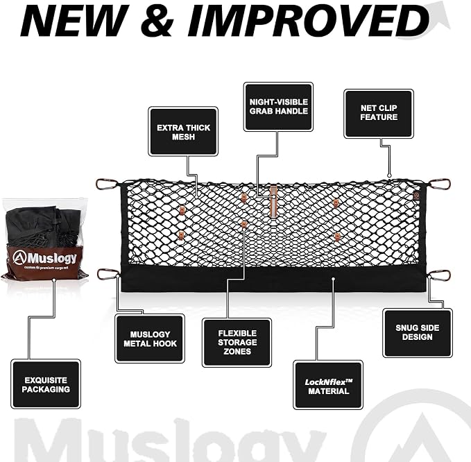 Muslogy Cargo Net for 2023-2025 2026 Chevrolet Colorado & GMC Canyon | Custom Fit, Truck Bed Storage Organizer Net for Pickup Truck Bed Divider, Heavy Duty Carabiners, Night Visible Grab Handle