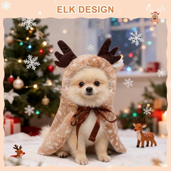 BEAUTYZOO 2 Pack Reindeer Dog Christmas Costume with Santa Hat for Small Dogs Cats, Fluffy Xmas Outfit, Cute Pet Christmas Elk Clothes, Puppy Xmas Hoodie Cloak Cape, Cat Holiday Cosplay Dress